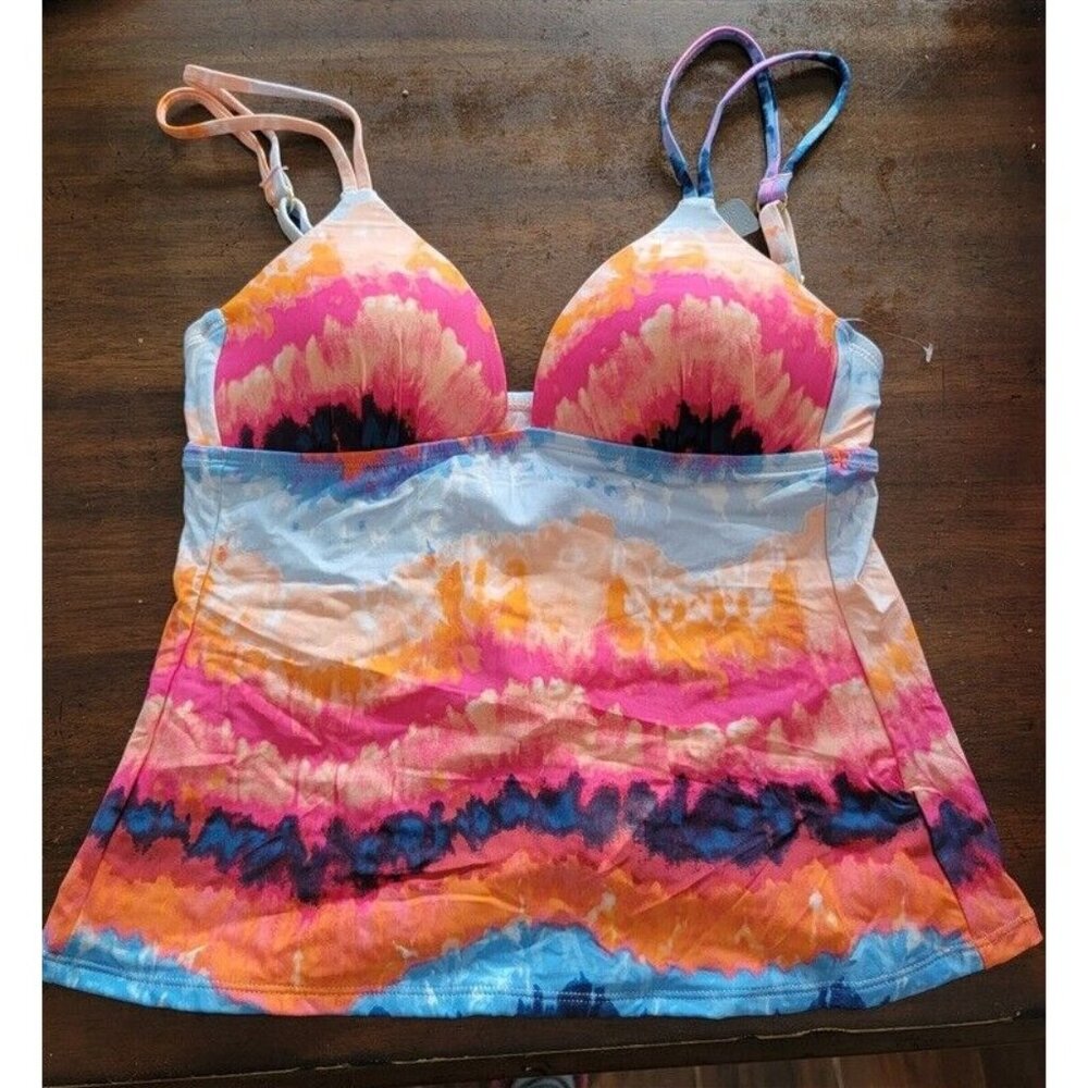 NWT Kenneth Cole S V-Neck Halter Tankini Swim Top Tie Dye 123604